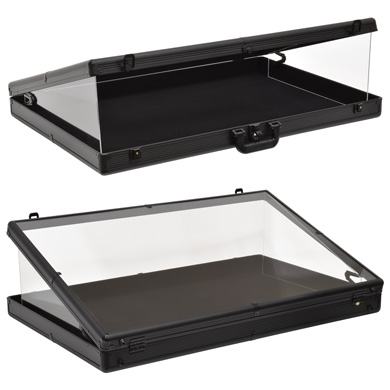 he new largest model of our popular aluminum-locking portable card display case! Sell even more valuable items either in your store or on table tops at craft fairs, collector`s shows, or on the road. Also ideal for securing theft-prone loose items in showcases or on your counter. Features built-tough aluminum frame, crystal clear acrylic top, and black velvet lined bottom. Complete with 2 keys and 2 acrylic side panels to further prevent theft. Now includes center hasp latch to allow for a padlock (not included) for added security.