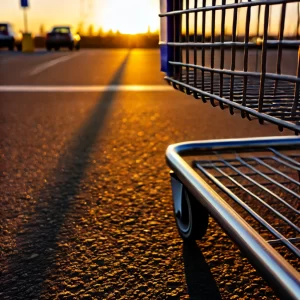 Close-up photo of a shopping cart's wheel and lower frame in a parking lot during sunset. The warm, golden hues of the setting sun cast long shadows across the asphalt, creating a serene and reflective atmosphere. The background shows a few cars parked, with the sky displaying a mix of orange and yellow tones