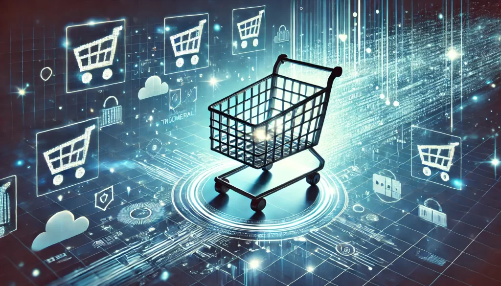 A digital art style image featuring a shopping cart in the center of a futuristic setting. The background transitions from e-commerce blue to transactional silver, adorned with pixelated motifs of shopping carts and abstract digital elements. The scene includes neon lights and digital data streams, creating a high-tech, cybernetic atmosphere. The overall mood is innovative and technologically advanced, resembling a virtual shopping environment