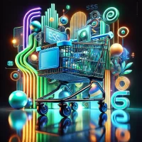 A very creative and eye-catching photo of a shopping cart, incorporating the Specialty Store Services (SSS) color theme with blue, teal, and green. The cart is set in a vibrant, dynamic environment with bold colors and striking contrasts. The background features abstract and modern elements such as neon lights, geometric patterns, and dynamic shapes. The shopping cart is highlighted with reflective and glossy finishes, making it stand out prominently in the artistic and visually engaging composition