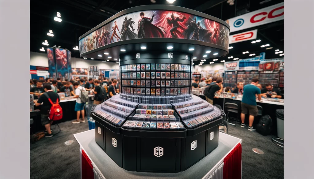 Vibrant trading card booth at an expo, captured on a RED camera, featuring a sleek black rotating counter display filled with various trading cards. The booth is bustling with people browsing the cards and engaging with the booth staff. Bright lighting highlights the detailed artwork on the cards and the design of the display, with banners and posters of popular trading card characters in the background. Other expo booths and a large crowd of attendees are visible in the background