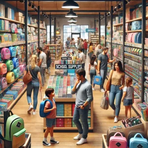 Parents and children shopping for colorful school supplies in a well-lit and vibrant store during the back-to-school season.