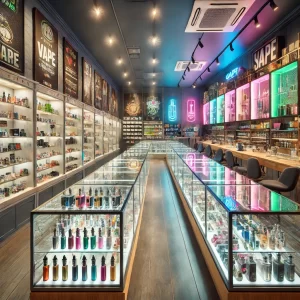 A modern and trendy specialty vape and smoke shop interior with glass display cases lining the customer area. The shop features vibrant lighting, colorful neon signs, and posters, showcasing various vape devices, e-liquids, and smoking accessories