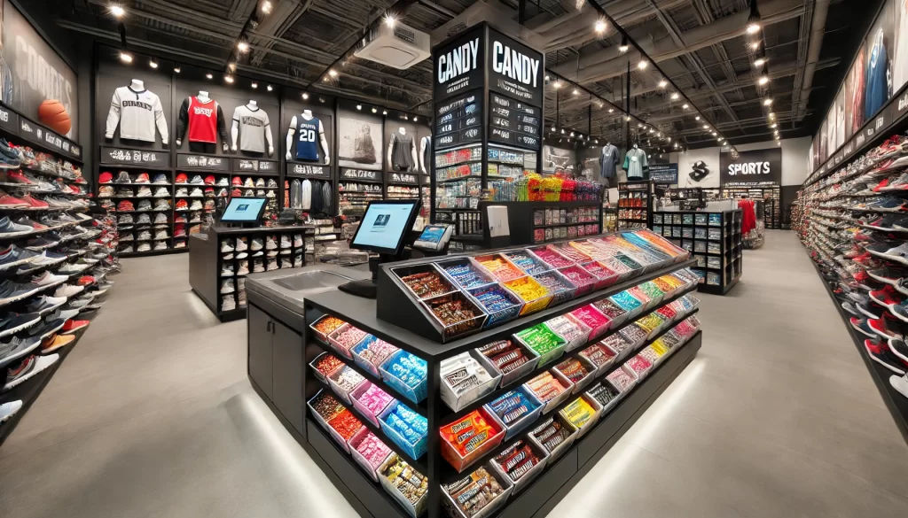 A highly visually pleasing checkout counter in a sporting goods store with perfect candy point-of-purchase (POP) displays. The modern and sleek counter features well-organized shelves stocked with a variety of colorful candies such as chocolates, gummies, and mints. The surrounding area includes neatly arranged sports equipment like shoes and apparel, creating a vibrant and inviting atmosphere. Bright lighting highlights both the candy and the sports merchandise, ensuring an appealing and clutter-free shopping experience.