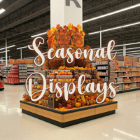 brightly colored store with festive fall themed POP displays