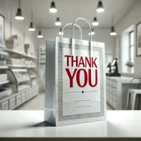 A thank you bag sitting on our a counter in a well lit store